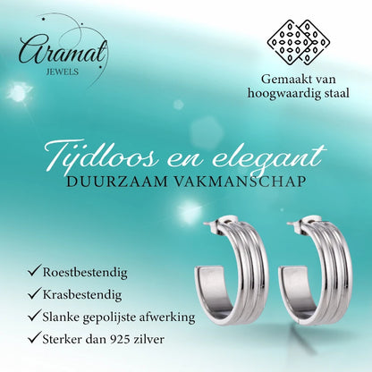 Oorbellen – 23mm Half-Hoop Streeprelief op RVS Zilverkleur