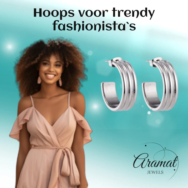 Oorbellen – 23mm Half-Hoop Streeprelief op RVS Zilverkleur
