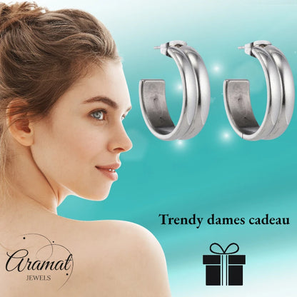 Oorbellen – 23mm Hoepel Creool 2 Lijnen RVS Zilverkleur Unisex