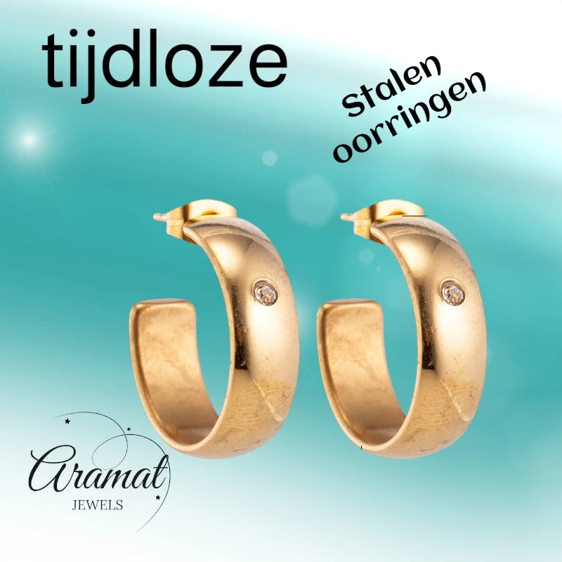 Oorbellen – 23mm Hoepel Creool Zirkonia Accent RVS Goudkleur Unisex