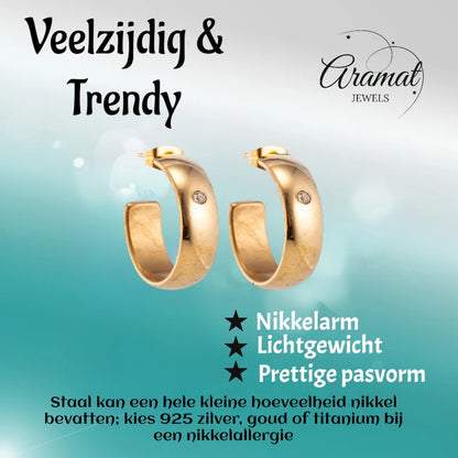 Oorbellen – 23mm Hoepel Creool Zirkonia Accent RVS Goudkleur Unisex