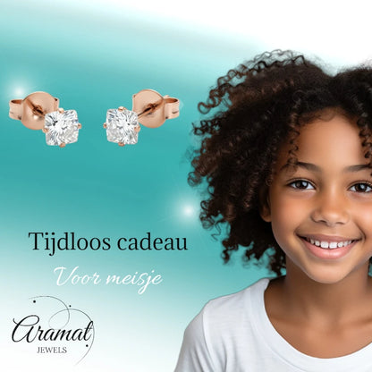 Oorbellen – RVS Roségoudkleur met Vierkante Zirkonia (4mm)