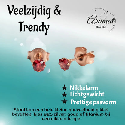 Oorbellen – RVS Roségoudkleur met Rode Vierkante Zirkonia (3mm)