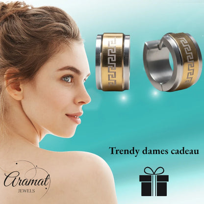 Oorringen – 13mm Mini Creool Grieks Motief RVS Bicolor Unisex