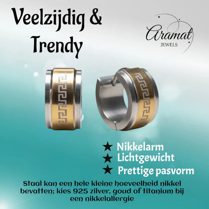 Oorringen – 13mm Mini Creool Grieks Motief RVS Bicolor Unisex