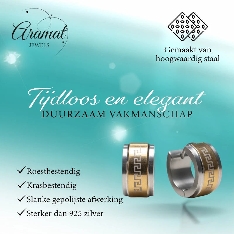 Oorringen – 13mm Mini Creool Grieks Motief RVS Bicolor Unisex