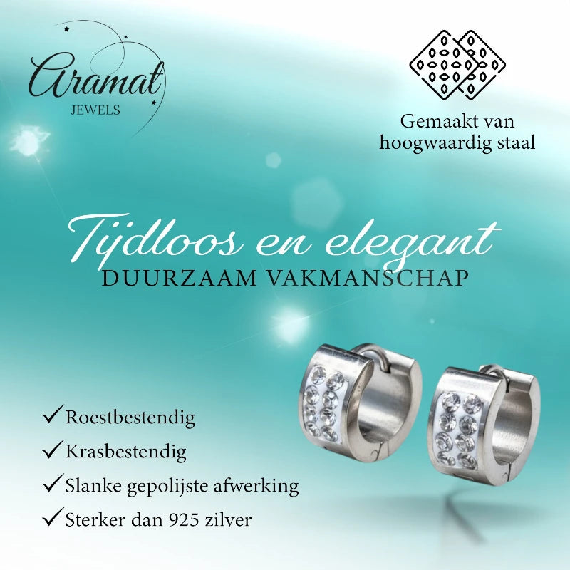 Oorringen – 13mm Mini Huggie 2 Rijen Kristal RVS Zilverkleur Dames-Kind
