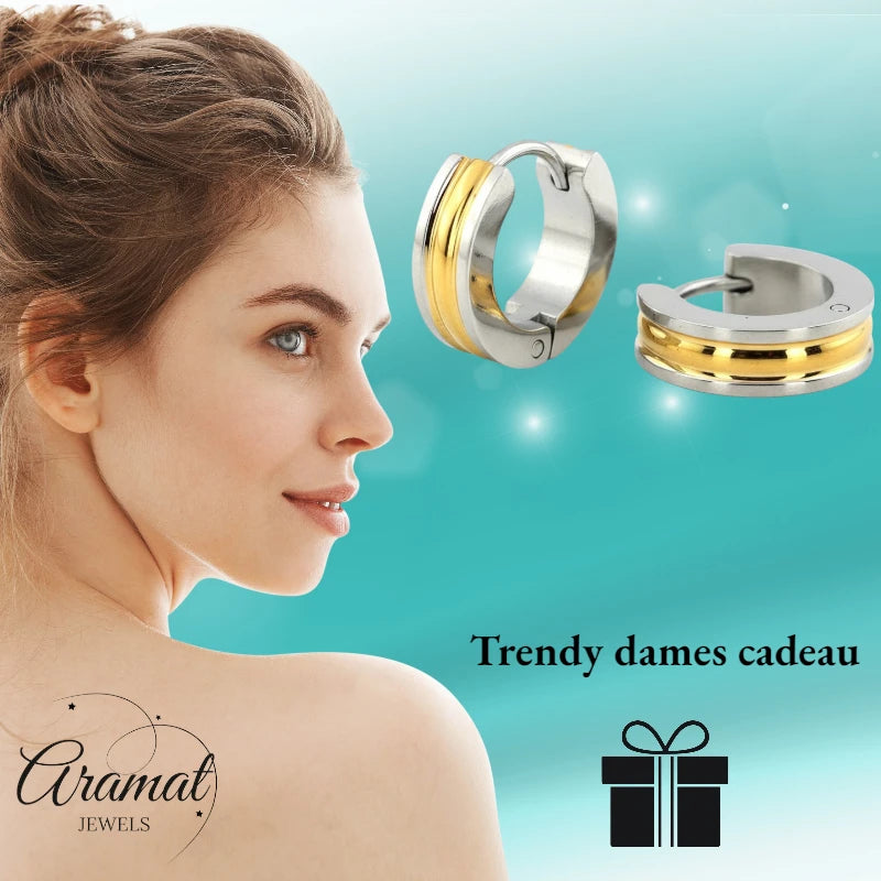 Oorringen – 20mm Bicolor Huggie Creolen Smalle Streep RVS Unisex