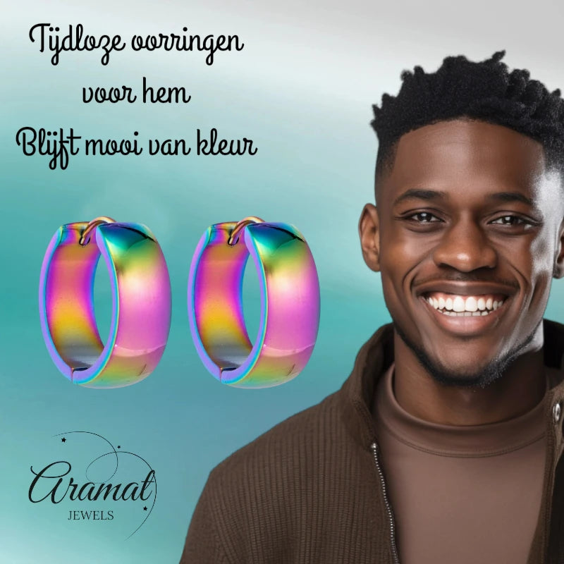 Oorringen – 20mm Huggie Glad RVS Regenboogkleur Unisex