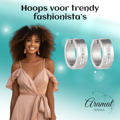 Oorringen – 20mm Kristal Streep RVS Zilverkleur Dames
