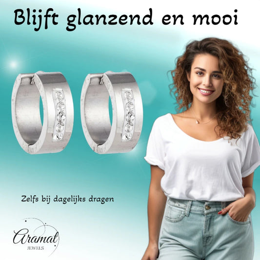 Oorringen – 20mm Kristal Streep RVS Zilverkleur Dames