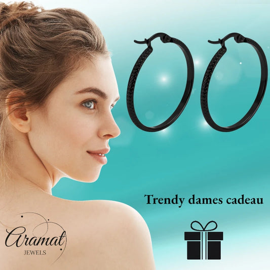 Oorringen – 25mm Creool Puntjes Patroon RVS Zwart Dames