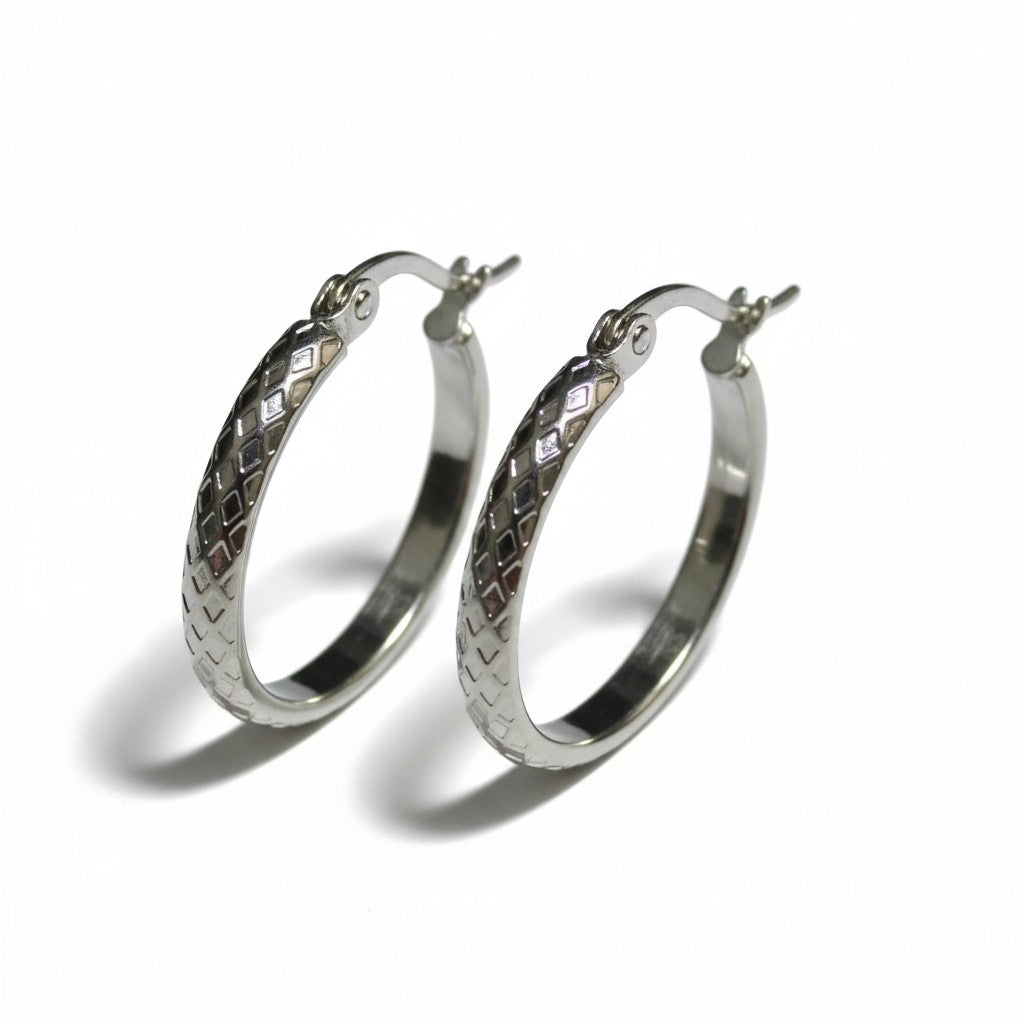 Oorringen – 25mm Creool Ruitjes Patroon RVS Zilverkleur Dames