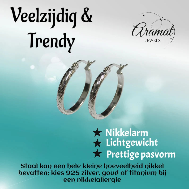 Oorringen – 25mm Creool Ruitjes Patroon RVS Zilverkleur Dames