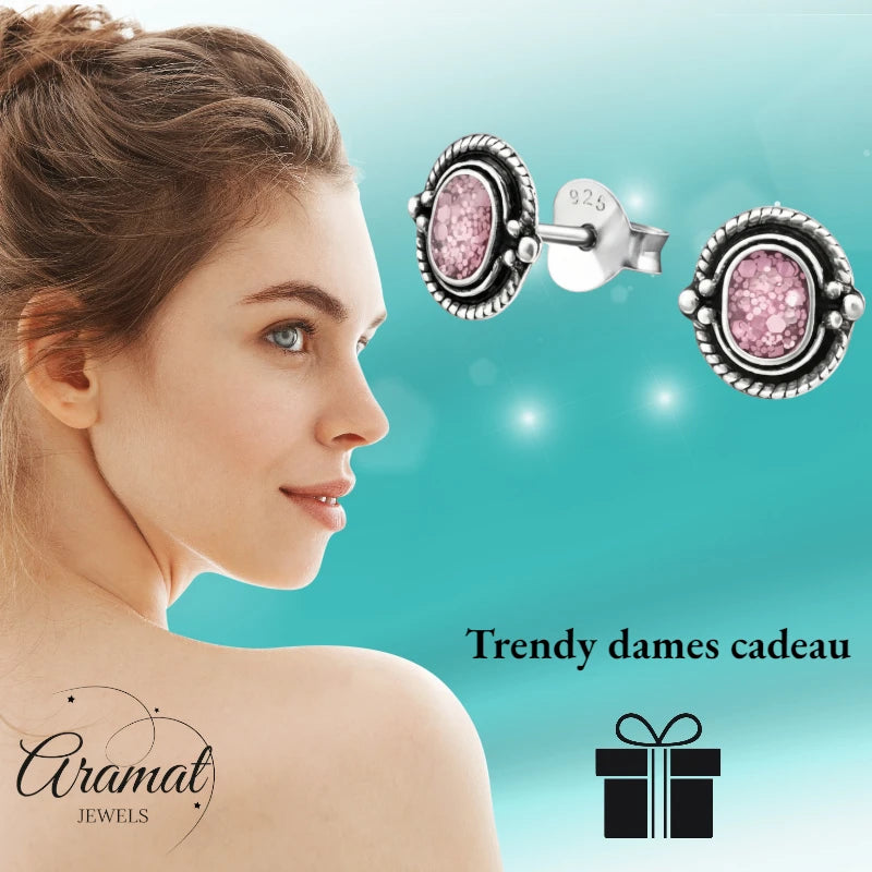 Oorstekers – 925 Zilver Bali Oorbellen Ovaal Roze Glitter 8x5mm Geoxideerd