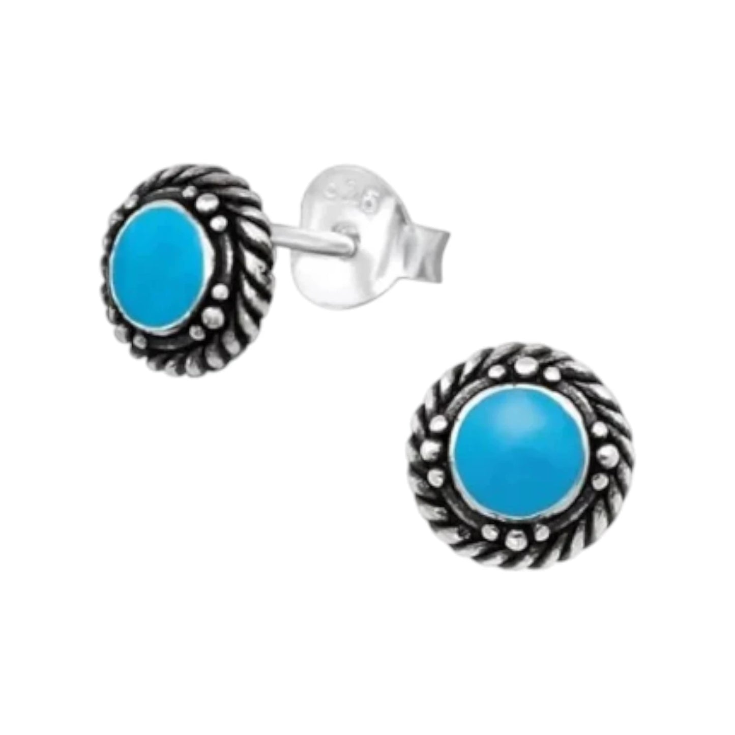Oorstekers – Sterling Zilver Bali Etnisch Blauw Emaille 6mm Rond Geoxideerd