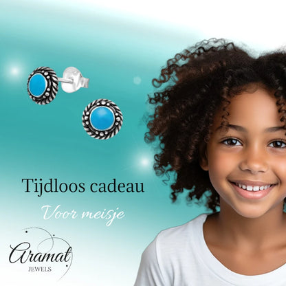 Oorstekers – Sterling Zilver Bali Etnisch Blauw Emaille 6mm Rond Geoxideerd