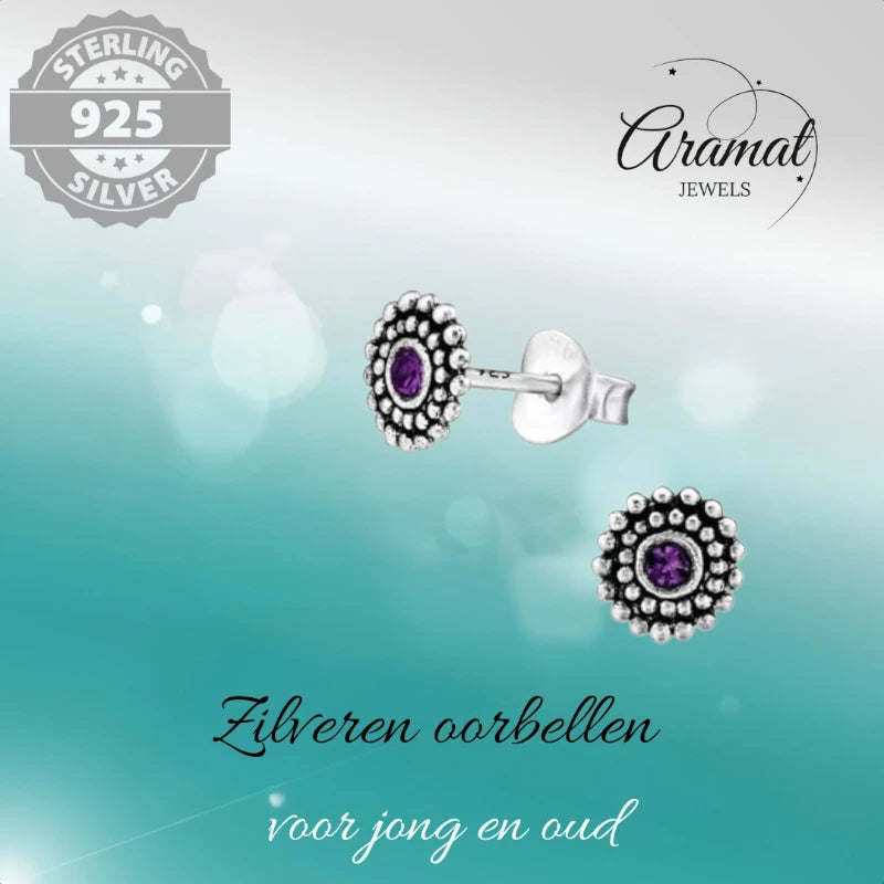 Oorstekers – Sterling Zilver Bali Etnisch Paars Kristal 6mm Dames