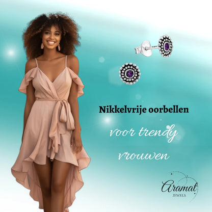 Oorstekers – Sterling Zilver Bali Etnisch Paars Kristal 6mm Dames