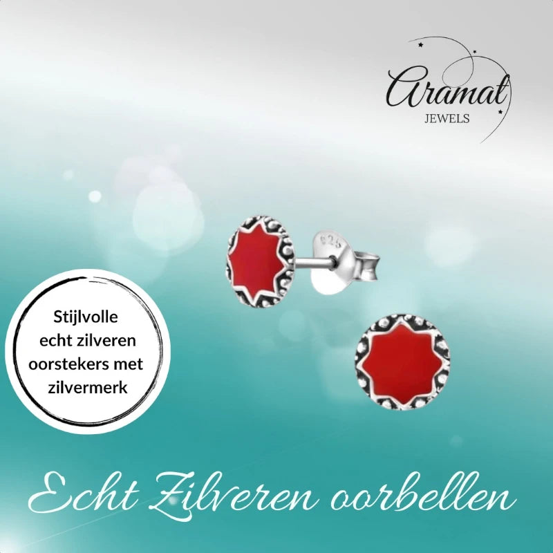 Oorstekers – Sterling Zilver Bali Etnisch Rood Emaille 6mm Rond Geoxideerd