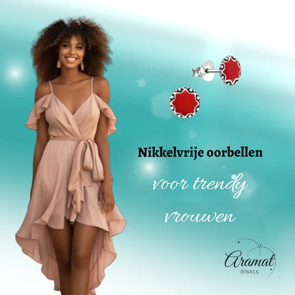 Oorstekers – Sterling Zilver Bali Etnisch Rood Emaille 6mm Rond Geoxideerd