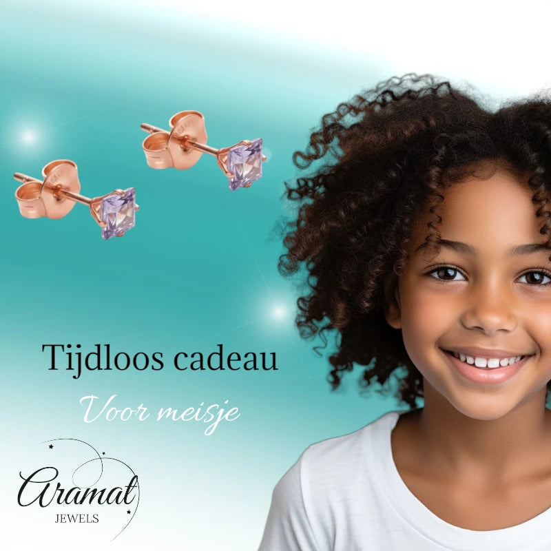 Oorbellen – RVS Roségoudkleur met Lila Vierkante Zirkonia (3mm)