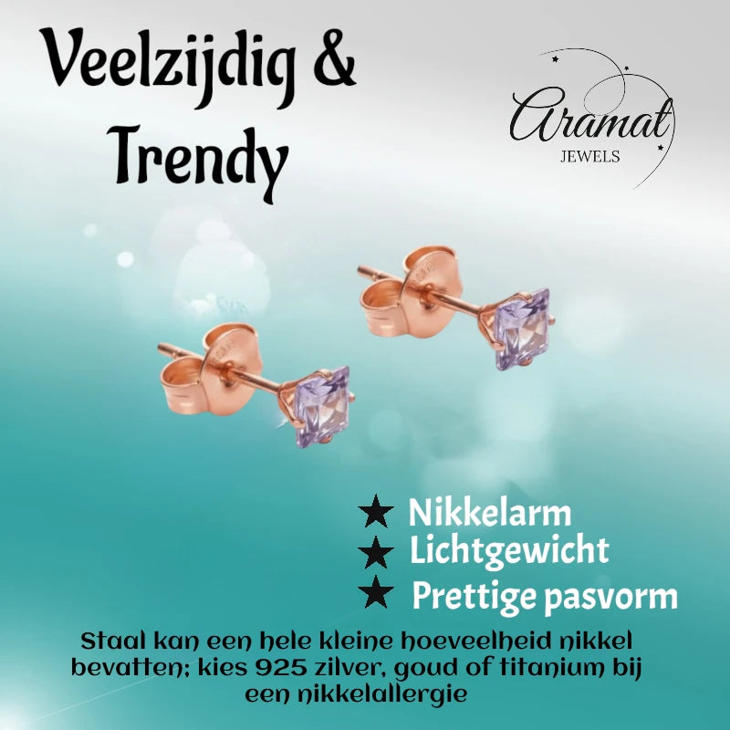 Oorbellen – RVS Roségoudkleur met Lila Vierkante Zirkonia (3mm)