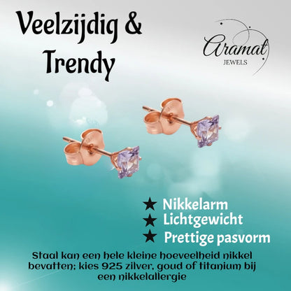 Oorbellen – RVS Roségoudkleur met Lila Vierkante Zirkonia (3mm)
