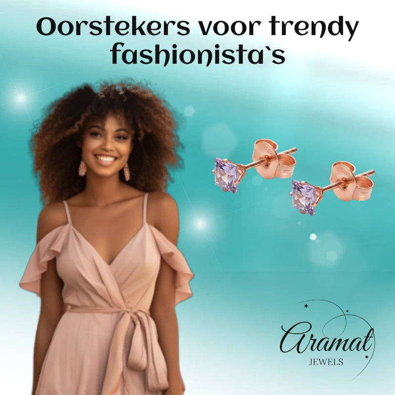 Oorbellen – RVS Roségoudkleur met Lila Vierkante Zirkonia (4mm)