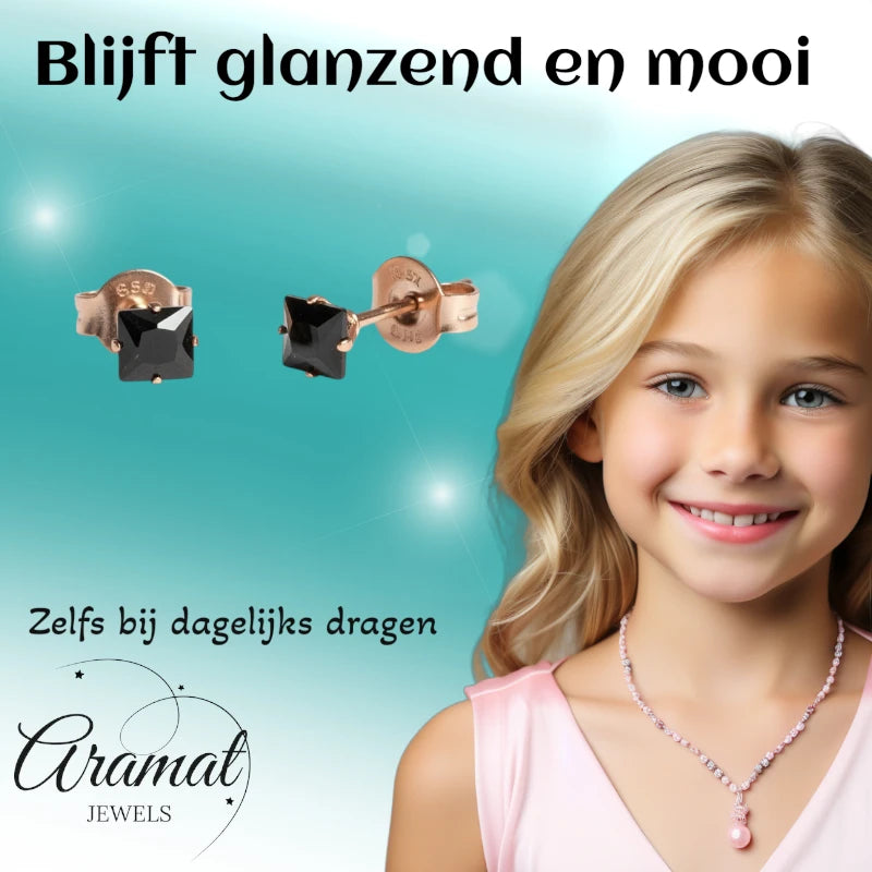 Oorbellen – RVS Roségoudkleur met Zwarte Vierkante Zirkonia (4mm)