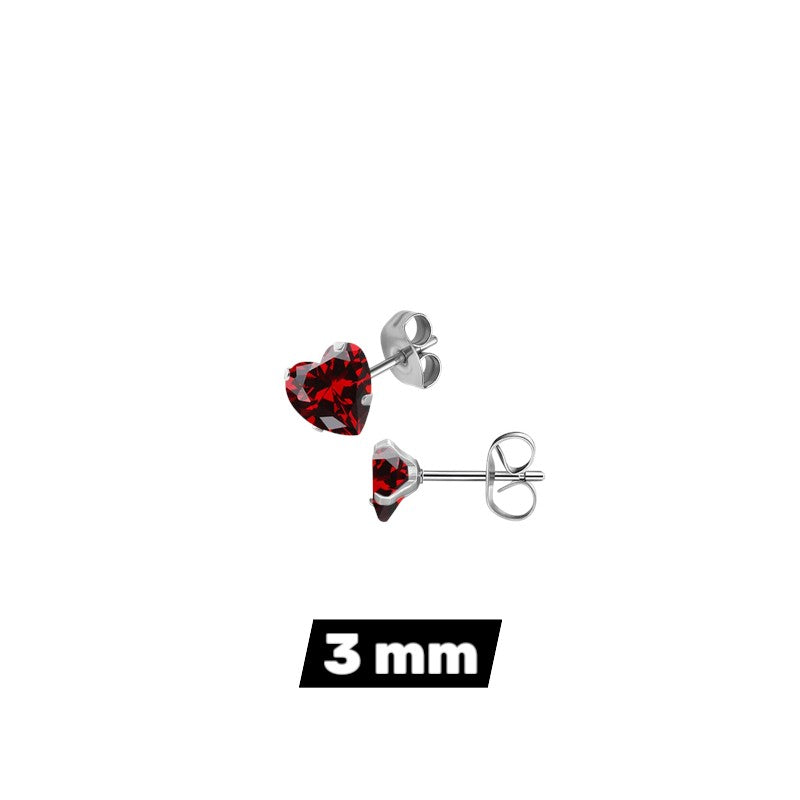 RVS hartjes oorstekers donkerrode zirkonia – 3-8 mm
