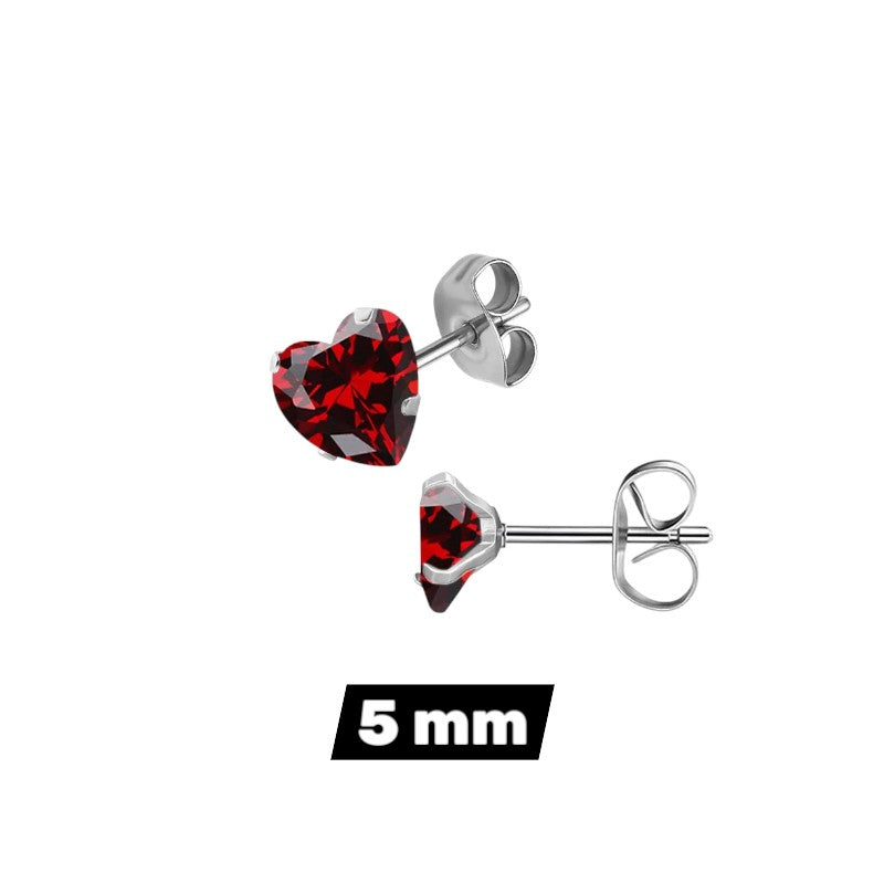RVS hartjes oorstekers donkerrode zirkonia – 3-8 mm