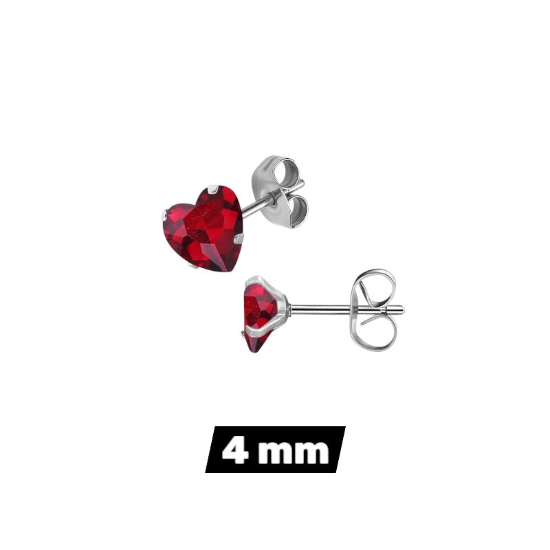 RVS hartjes oorstekers helder rood zirkonia – 3-8 mm