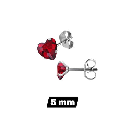 RVS hartjes oorstekers helder rood zirkonia – 3-8 mm