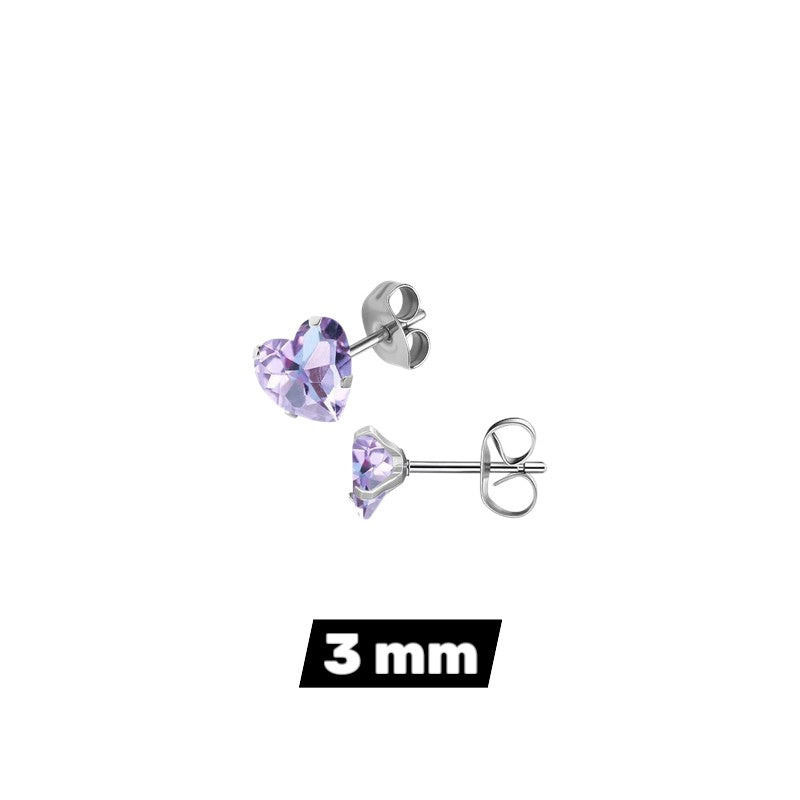 RVS hartjes oorstekers lila zirkonia – 3-8 mm