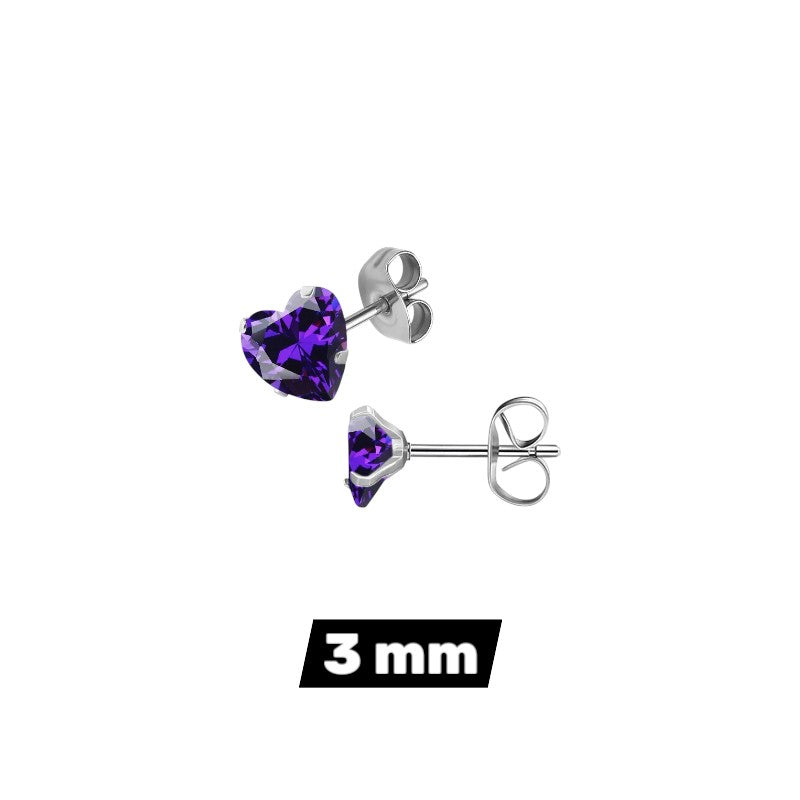 RVS hartjes oorstekers paarse zirkonia – 3-8 mm