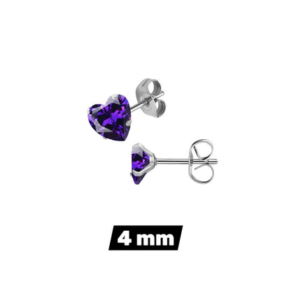 RVS hartjes oorstekers paarse zirkonia – 3-8 mm