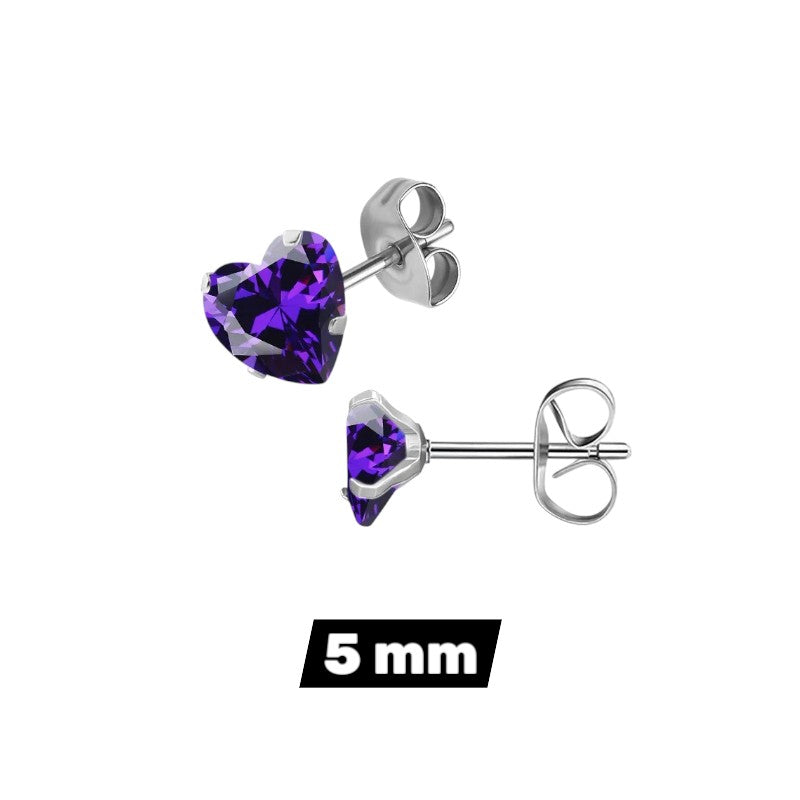 RVS hartjes oorstekers paarse zirkonia – 3-8 mm