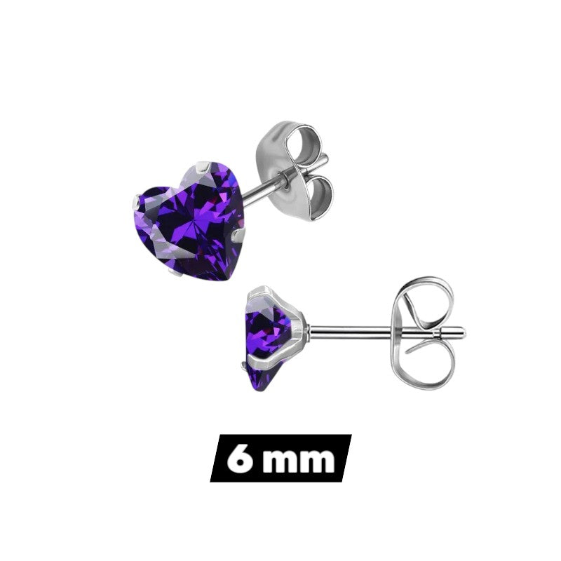 RVS hartjes oorstekers paarse zirkonia – 3-8 mm