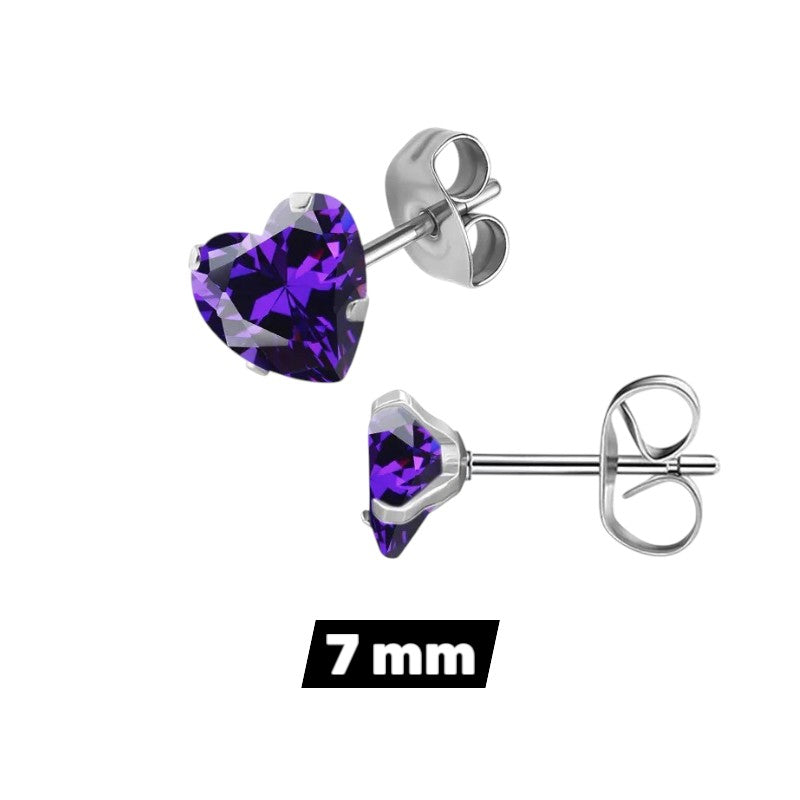 RVS hartjes oorstekers paarse zirkonia – 3-8 mm