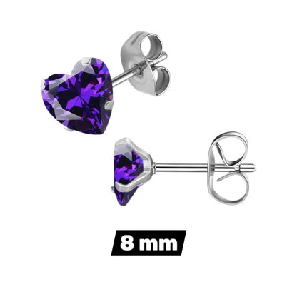 RVS hartjes oorstekers paarse zirkonia – 3-8 mm