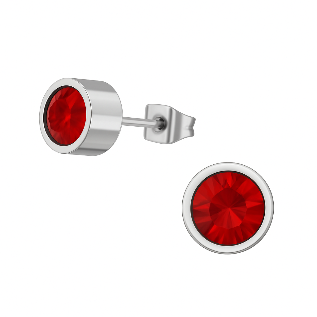 Rode kristal oorstekers – 5mm zilverkleur RVS