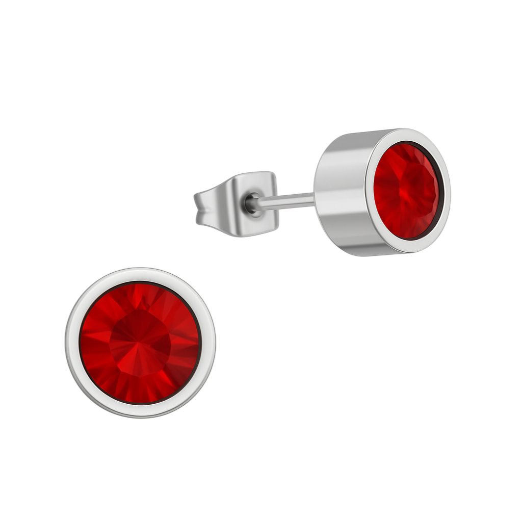 Rode kristal oorstekers – 5mm zilverkleur RVS