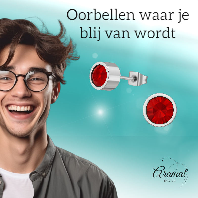 Rode kristal oorstekers – 5mm zilverkleur RVS