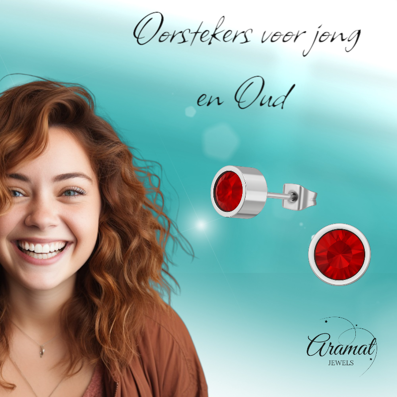 Rode kristal oorstekers – 5mm zilverkleur RVS