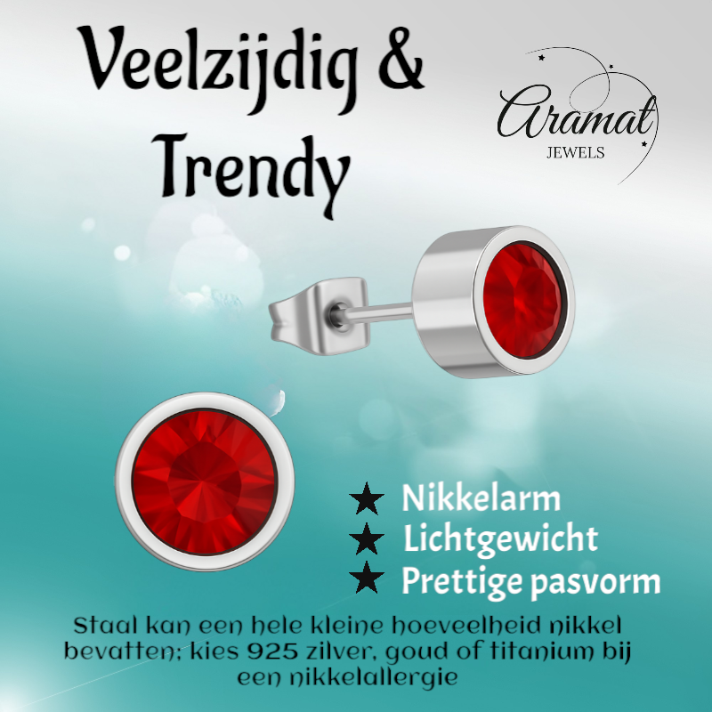 Rode kristal oorstekers – 5mm zilverkleur RVS