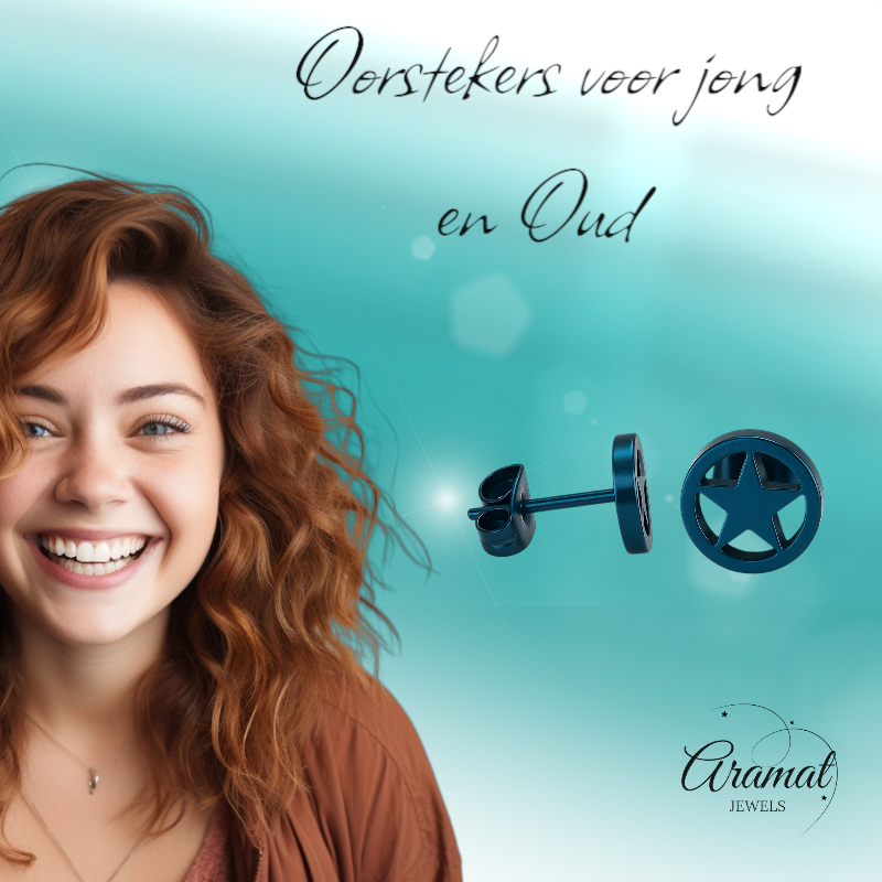 Ronde oorstekers met ster blauw RVS – 8mm