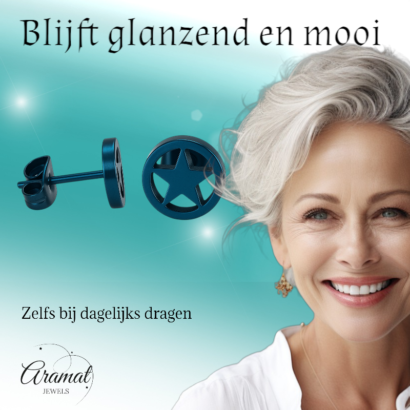 Ronde oorstekers met ster blauw RVS – 8mm