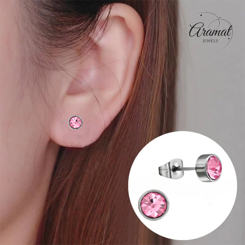 Roze kristal oorstekers – 5mm zilver RVS