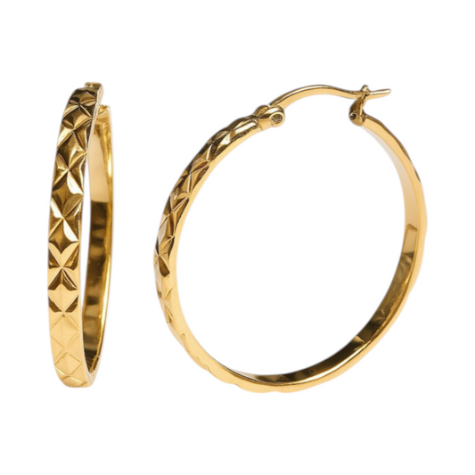 Hoop Earrings Checked Gold Color Steel – 35mm